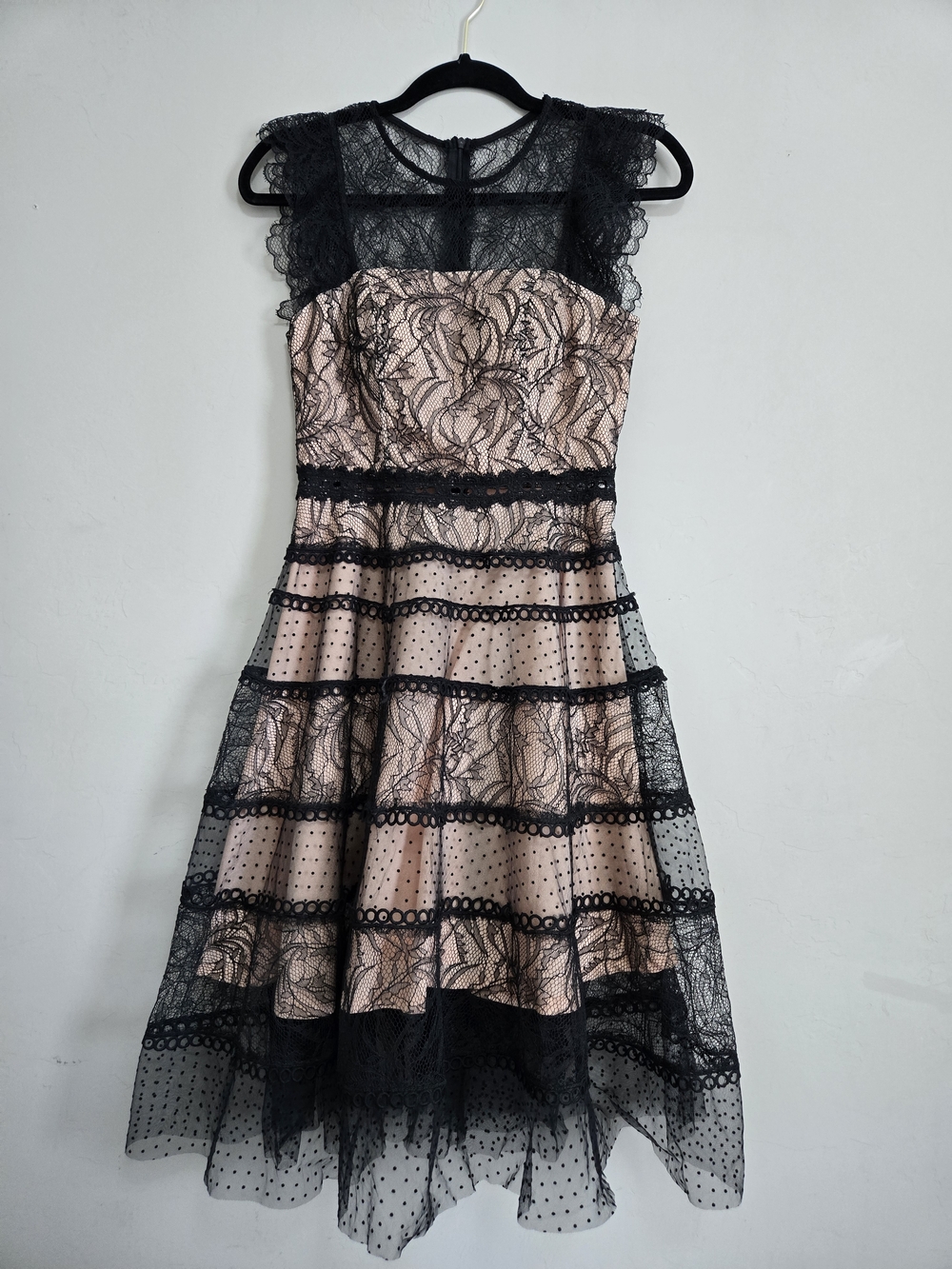 Sleeveless Black Lace Overlay Pink Party Dress